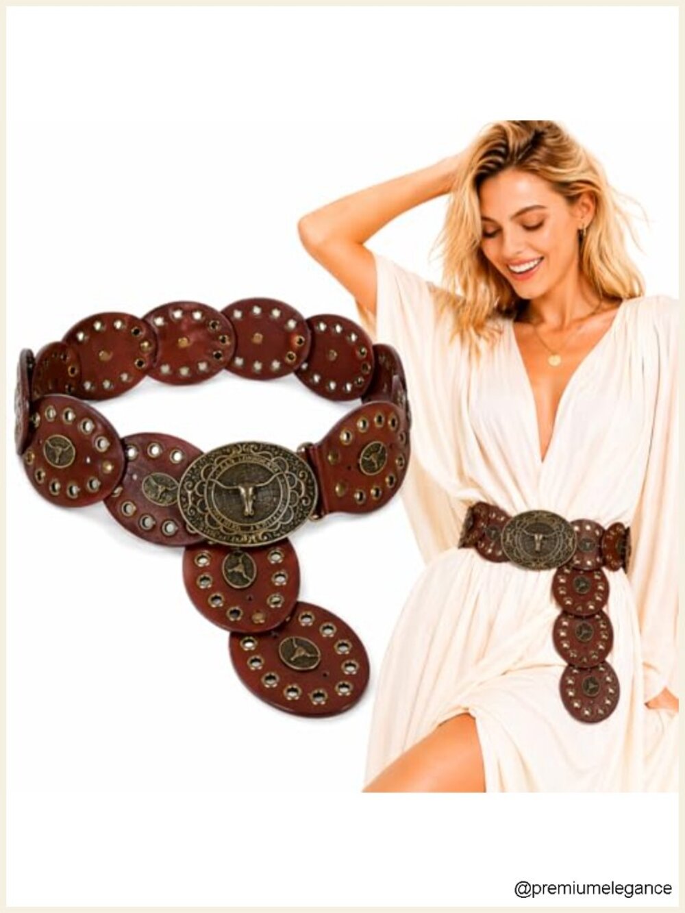 Vintage Western Cowgirl Concho Belt Brown Wide PU Leather Waist Belt Longhorn